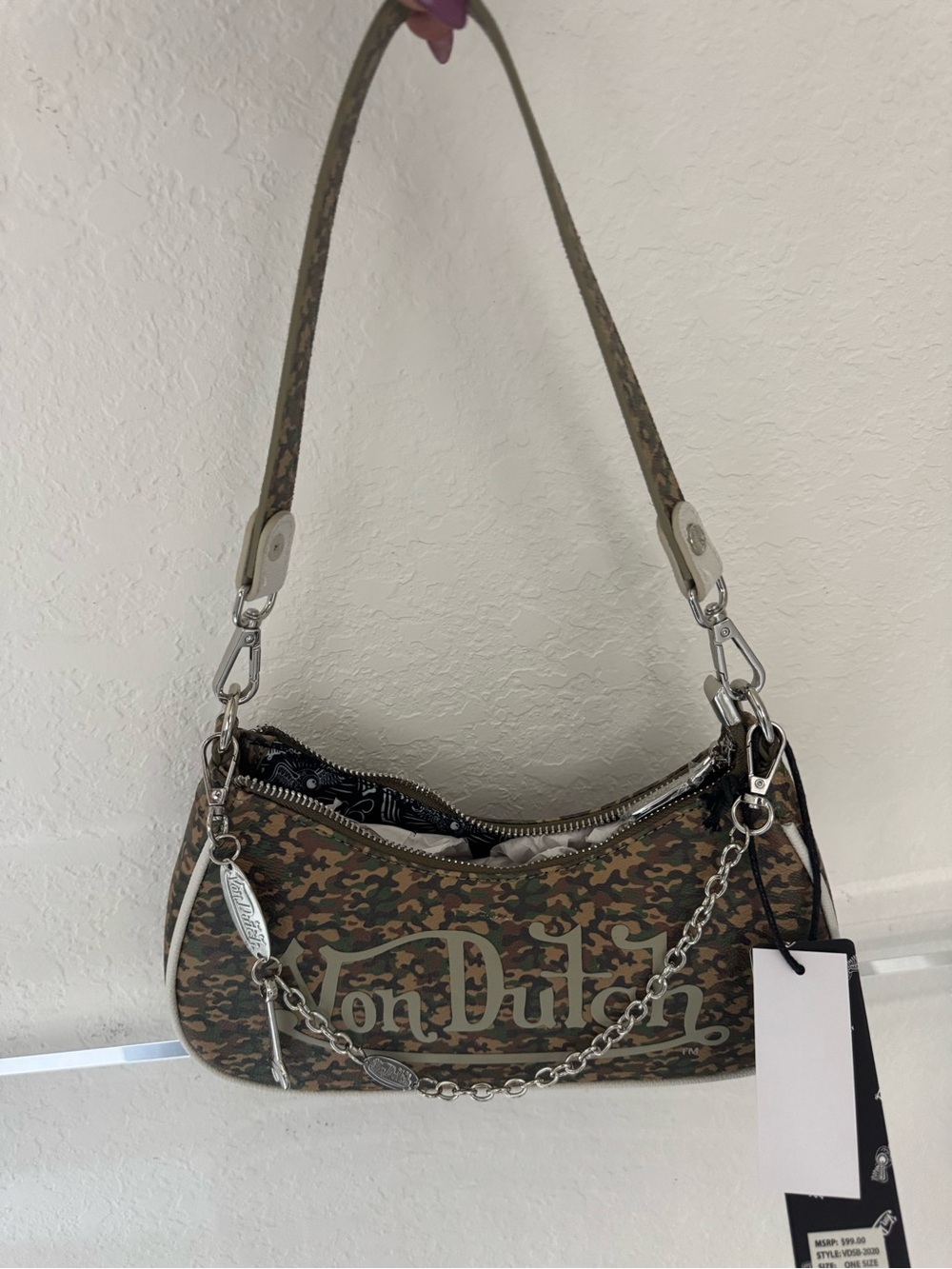 Von Dutch Camo Shoulder Bag in Brown and Green with Chain Detail